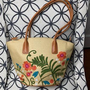 Cole Haan Straw Leather Embroidered Bag